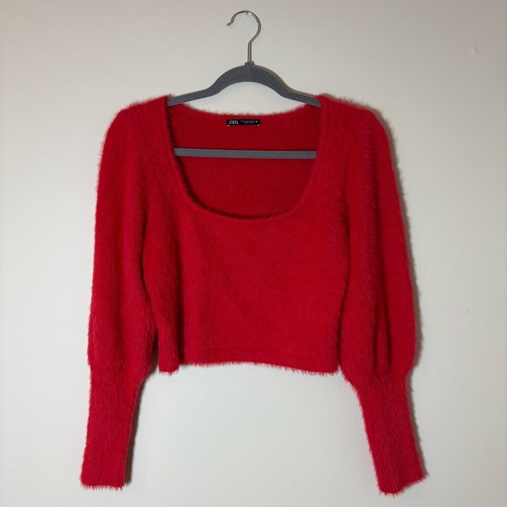 Zara Fuzzy Red Scoop Neck Cropped Sweater M Romantic Date Night